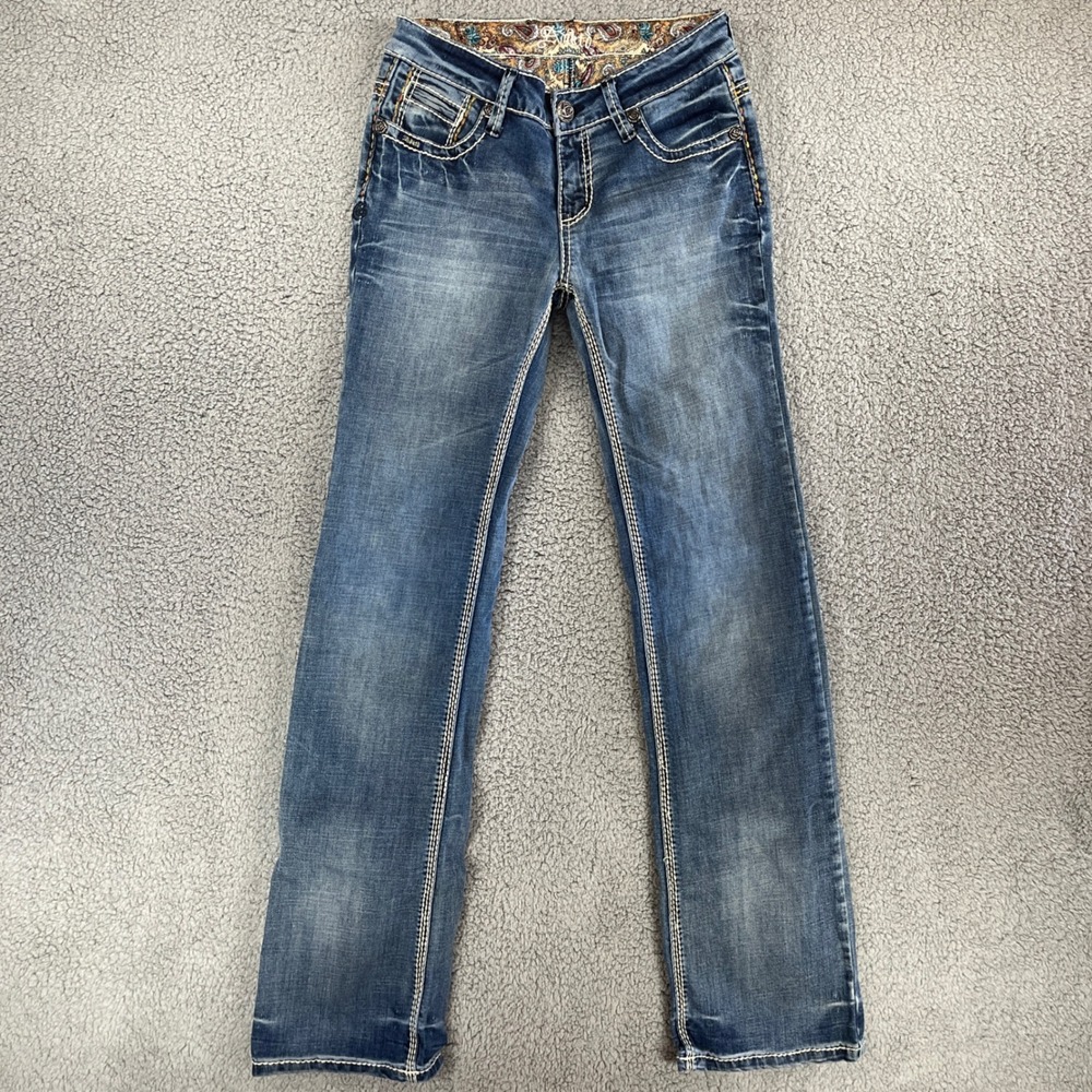 Adiktd Womens Straight Leg Jeans Blue Embroidered Studded Paisley Size 28x33